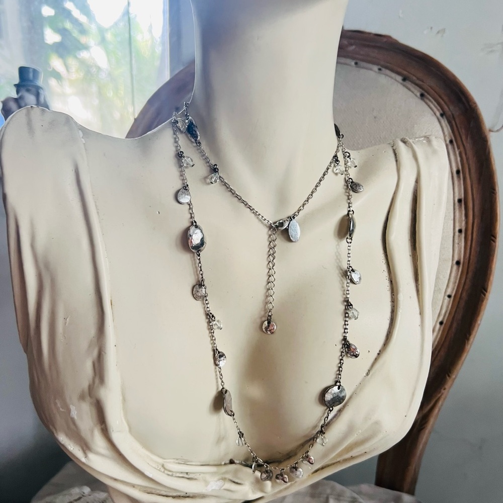 White House Black Market Long Silver Disc Necklace